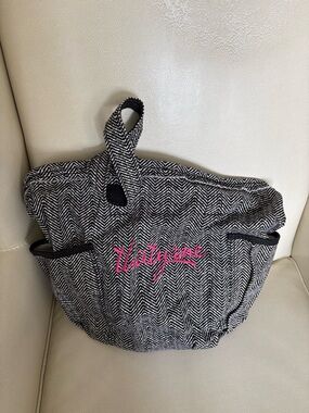 thirty-one Black & White Herringbone Tote with Pink Script Logo